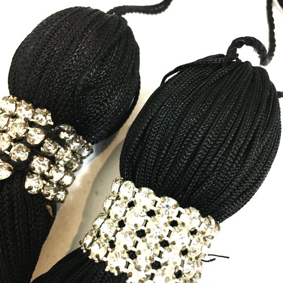 Halloween Curtain Tie Backs Black Fringe Tassels With Rhinestones Set of Two - Picture 4 of 6
